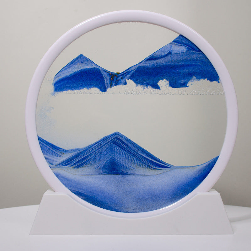 Blue and white 3D sand art in a modern circular frame, suitable for offices or living rooms