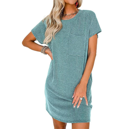 Summer Casual Women's Short-Sleeved Pocket Dress with Contrasting Twisted Stripes