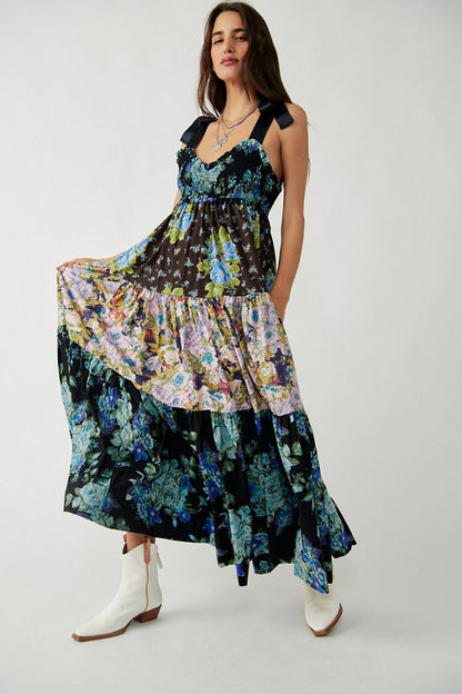 Retro Print Long Sundress with Bandeau Backless Design for Women