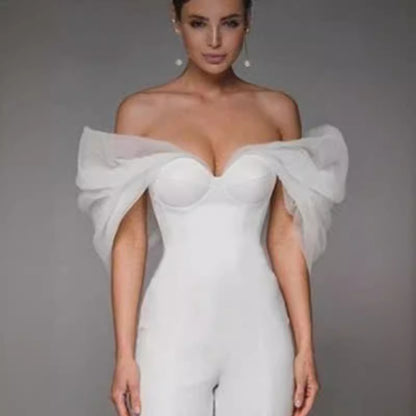 High-End White Organza One-Shoulder Bandage Jumpsuit