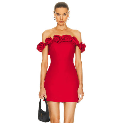 Elegant Red One-Shoulder Flower Bandage Dress  High-End European and American Style