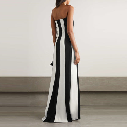 Elegant Black and White Striped Bandeau Bandage Dress