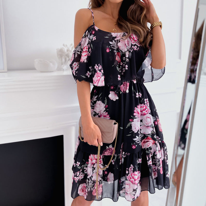 Elegant Chiffon Off-the-Shoulder Floral Dress - Summer Collection