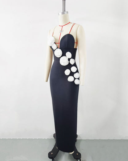 Elegant Black Pearl Strap Dress with 3D Floral Design  Perfect for Parties and Evening Events