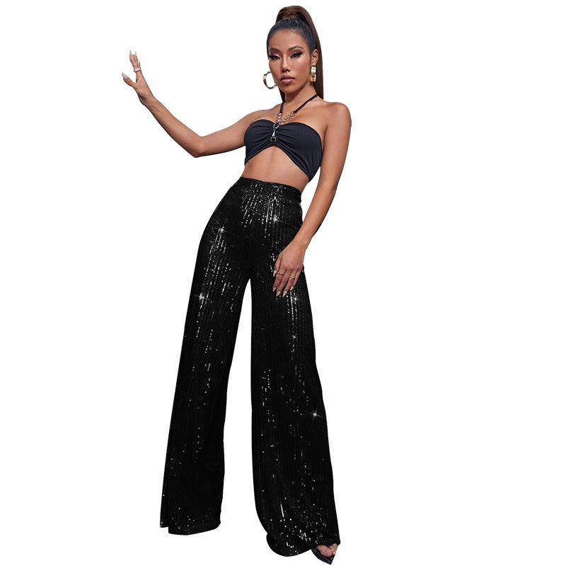 High-Waisted Sequin Wide-Leg Pants - Fashionable Loose Drape Summer Trousers