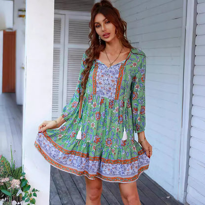 Bohemian Floral Print V-Neck Dress - Short Skirt for Spring/Summer