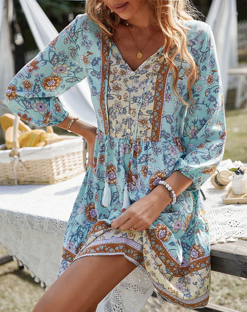 Bohemian Floral Print V-Neck Dress - Short Skirt for Spring/Summer