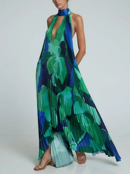 Elegant Deep V Halterneck Sleeveless Pleated Maxi Dress - Floral Print Summer Fashion