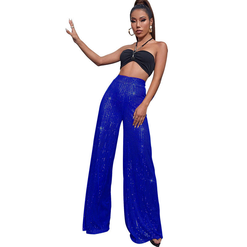 High-Waisted Sequin Wide-Leg Pants - Fashionable Loose Drape Summer Trousers