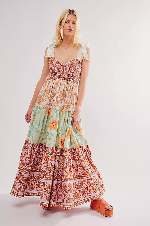 Retro Print Long Sundress with Bandeau Backless Design for Women