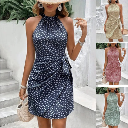 Chic Polka Dot Pleated Halter Neck Dress - Summer Collection