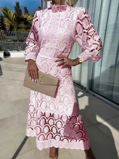 Elegant Lace Stand-Up Collar Dress - Puff Sleeves, Waist Cinched Long Skirt