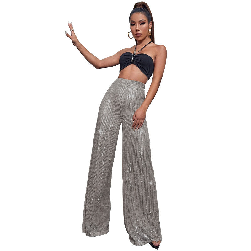 High-Waisted Sequin Wide-Leg Pants - Fashionable Loose Drape Summer Trousers