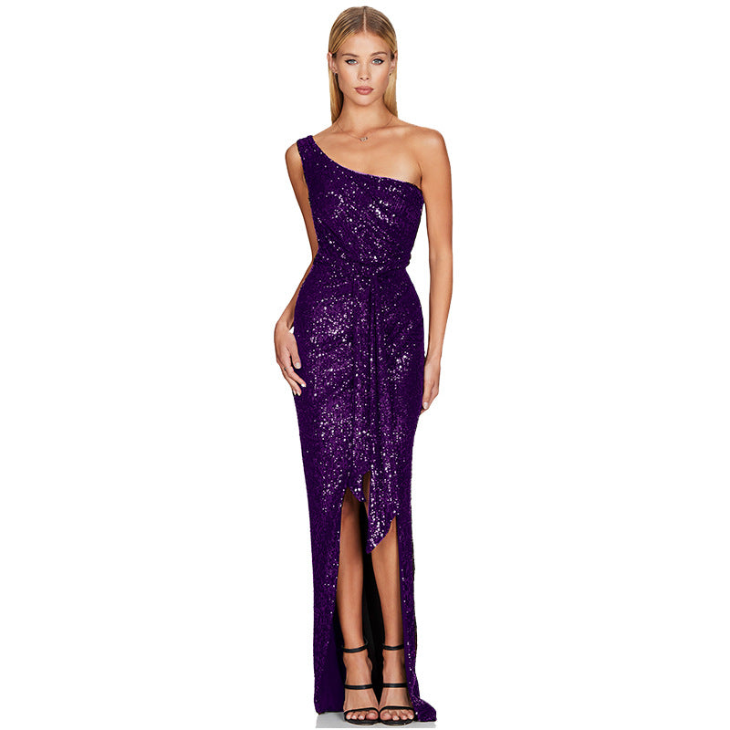 One-Shoulder Sequined Dress - Elegant High-Waist Party Gown