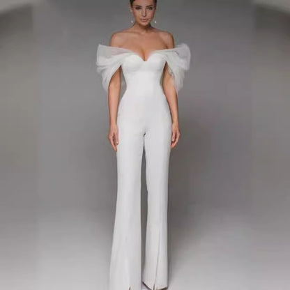 High-End White Organza One-Shoulder Bandage Jumpsuit