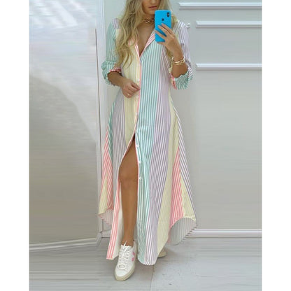 Summer Chic Womens Long Chiffon Shirt Dress  Printed Maxi Dress with High Waist and Fly Sleeve