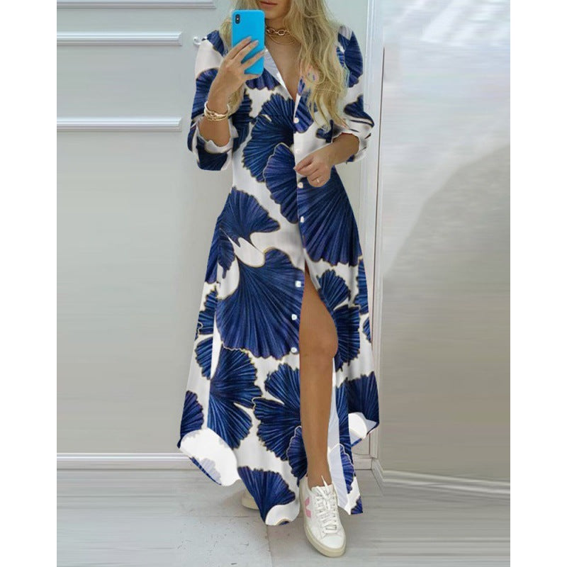 Summer Chic Womens Long Chiffon Shirt Dress  Printed Maxi Dress with High Waist and Fly Sleeve