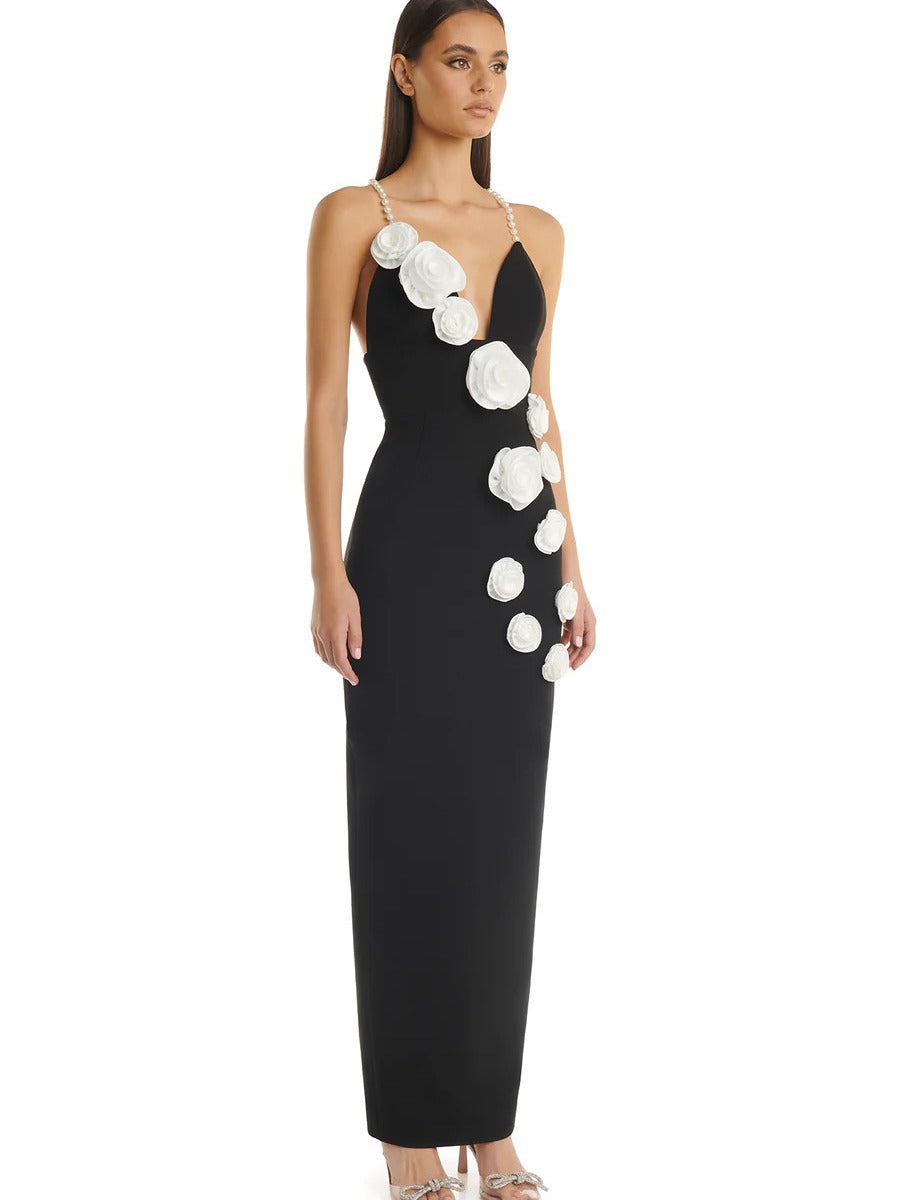 Elegant Black Pearl Strap Dress with 3D Floral Design  Perfect for Parties and Evening Events