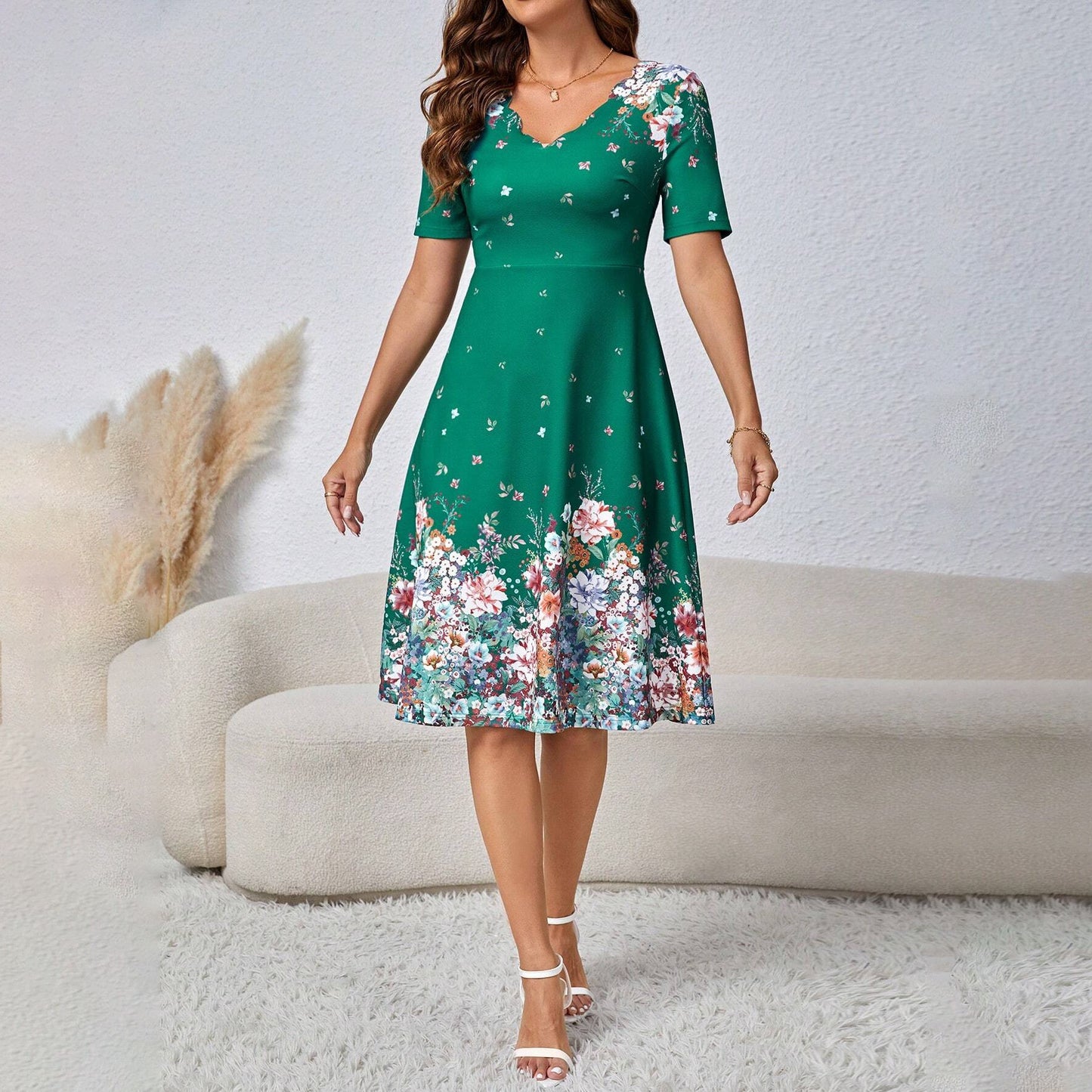 Elegant Floral Print V-Neck Short Sleeve Dress - Spring Collection