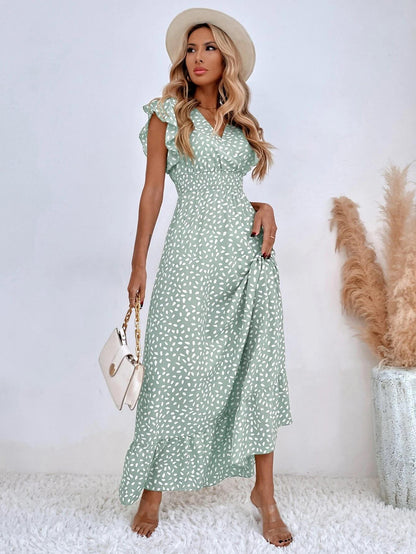 Elegant V-Neck Ruffle Long Dress - Spring/Summer Collection