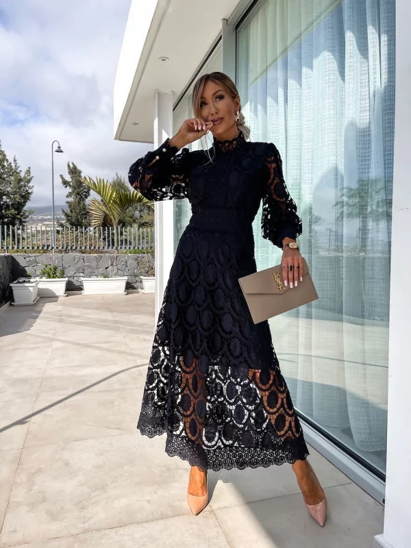 Elegant Lace Stand-Up Collar Dress - Puff Sleeves, Waist Cinched Long Skirt