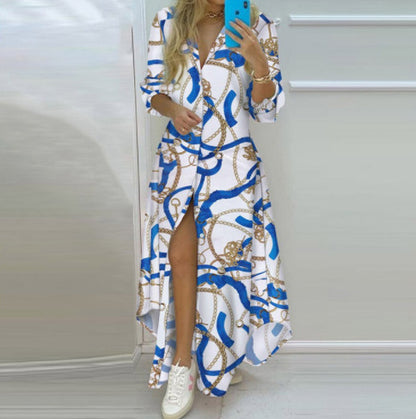 Summer Chic Womens Long Chiffon Shirt Dress  Printed Maxi Dress with High Waist and Fly Sleeve