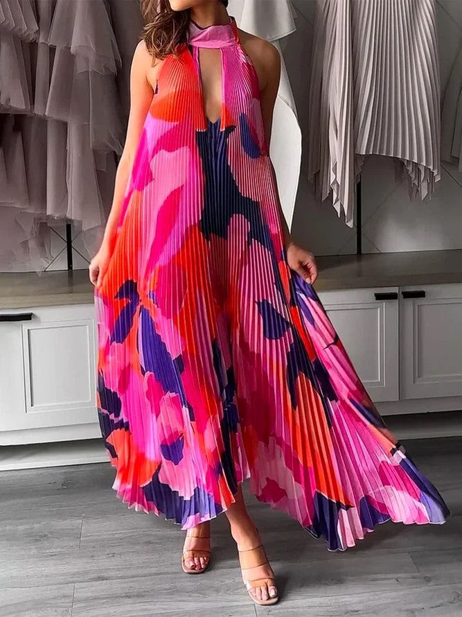 Elegant Deep V Halterneck Sleeveless Pleated Maxi Dress - Floral Print Summer Fashion