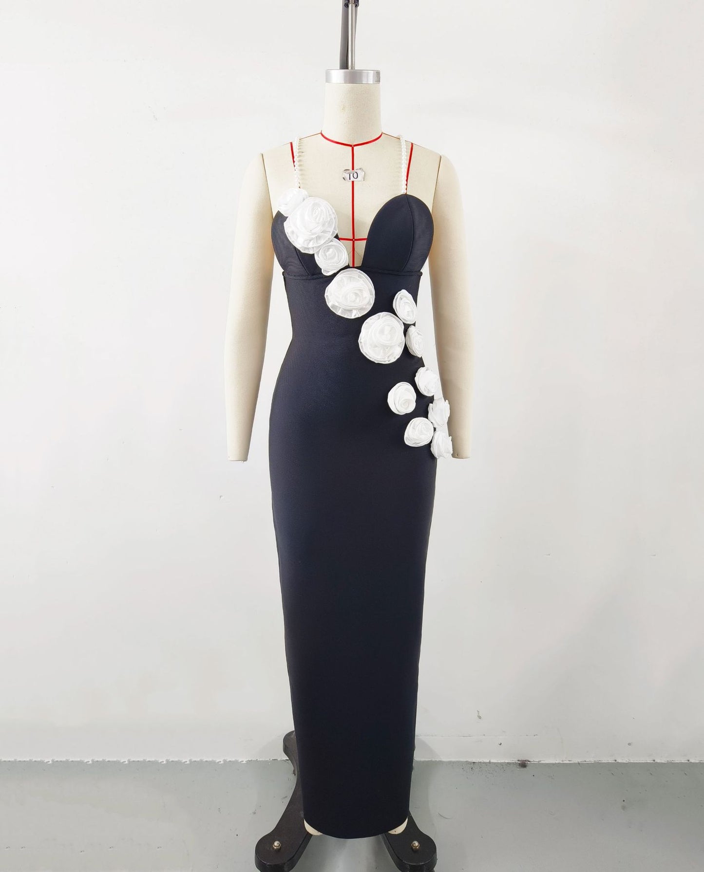 Elegant Black Pearl Strap Dress with 3D Floral Design  Perfect for Parties and Evening Events