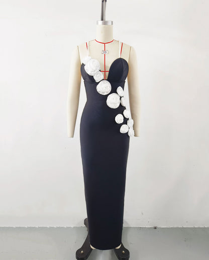 Elegant Black Pearl Strap Dress with 3D Floral Design  Perfect for Parties and Evening Events