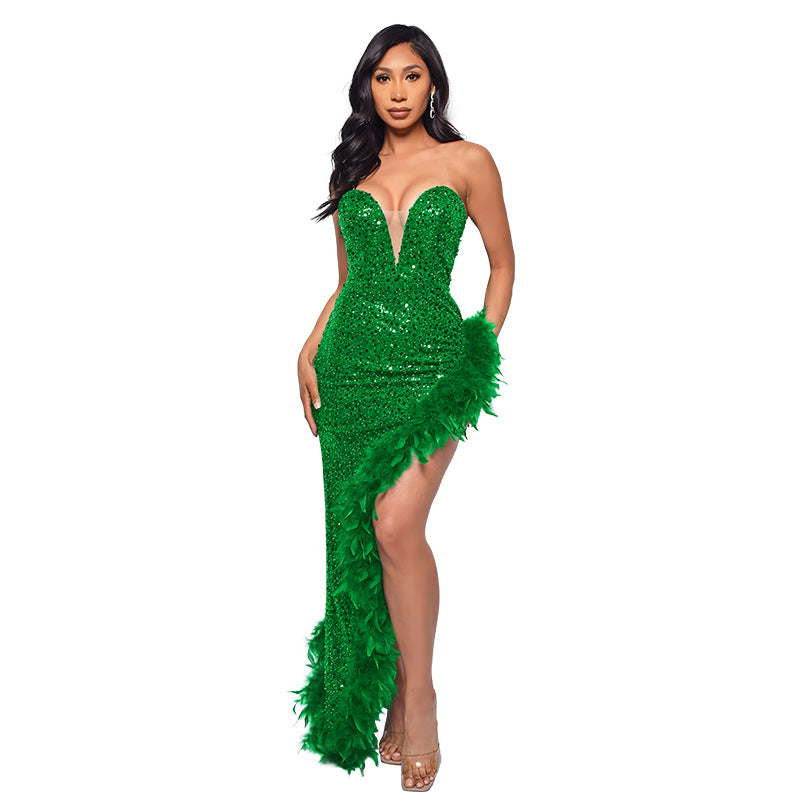 Elegant Feather Sequin Strapless Dress - Deep V High-Low Evening Gown