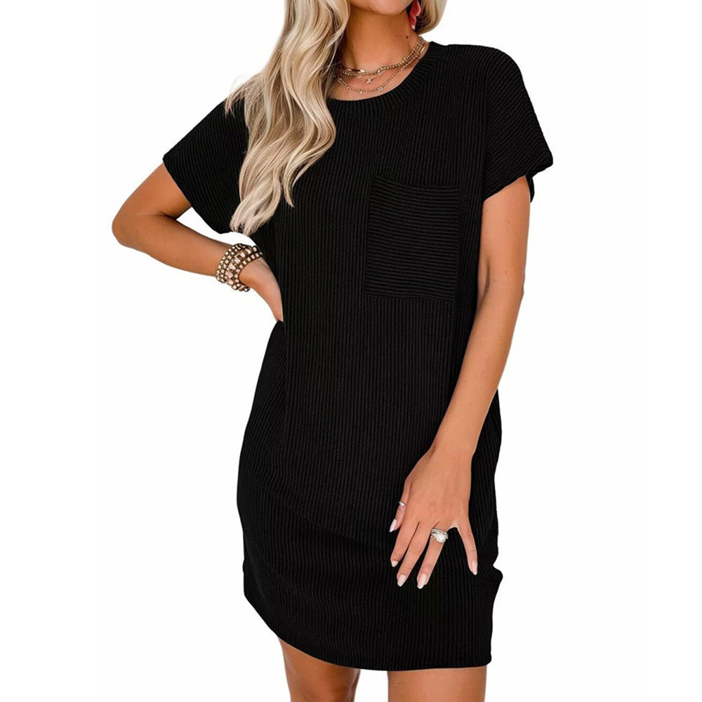 Summer Casual Women's Short-Sleeved Pocket Dress with Contrasting Twisted Stripes