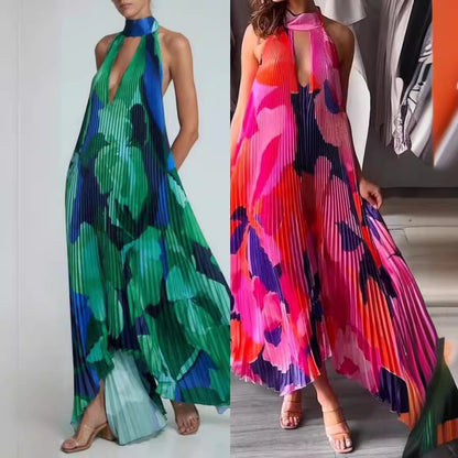 Elegant Deep V Halterneck Sleeveless Pleated Maxi Dress - Floral Print Summer Fashion