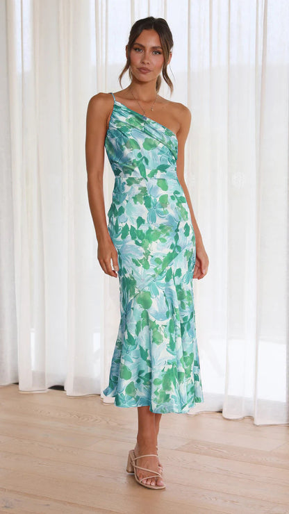 Elegant One-Shoulder Fishtail Floral Dress - Spring Collection