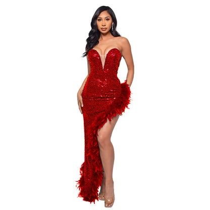 Elegant Feather Sequin Strapless Dress - Deep V High-Low Evening Gown