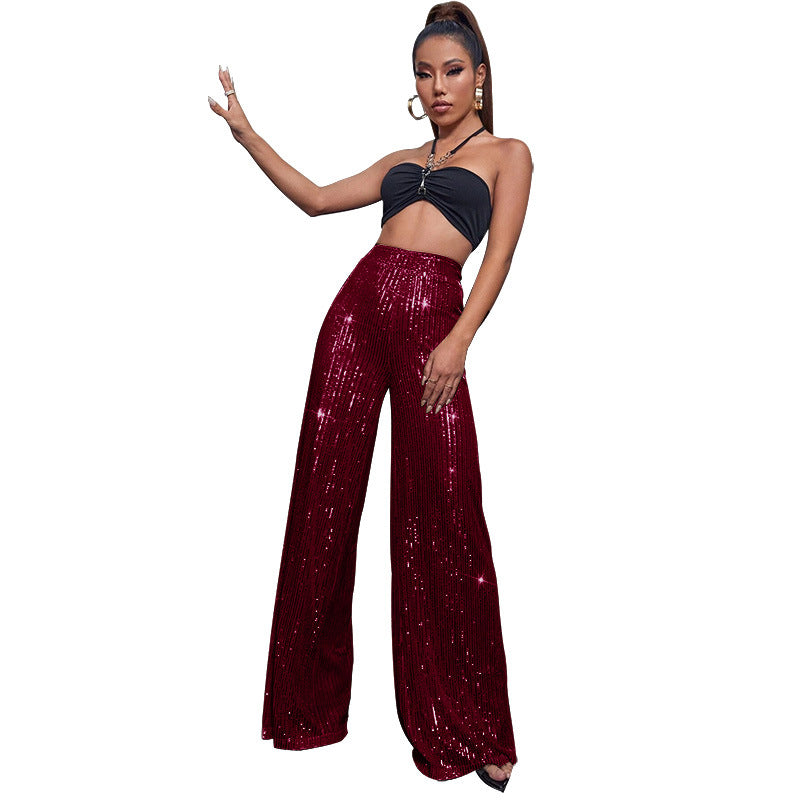 High-Waisted Sequin Wide-Leg Pants - Fashionable Loose Drape Summer Trousers