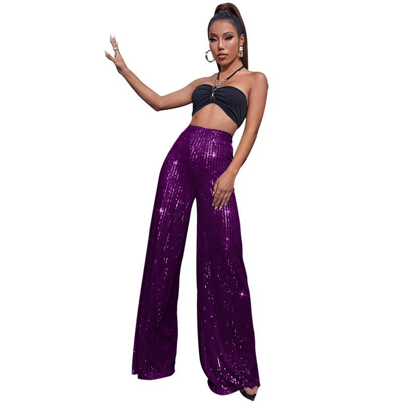 High-Waisted Sequin Wide-Leg Pants - Fashionable Loose Drape Summer Trousers