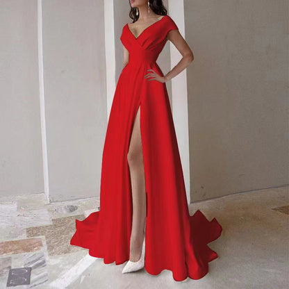 Elegant Wrap Ruffle Long Evening Dress - Solid Color Mid-Rise Temperament Skirt