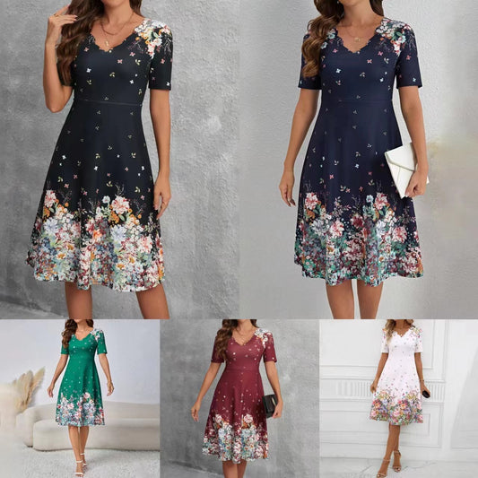 Elegant Floral Print V-Neck Short Sleeve Dress - Spring Collection