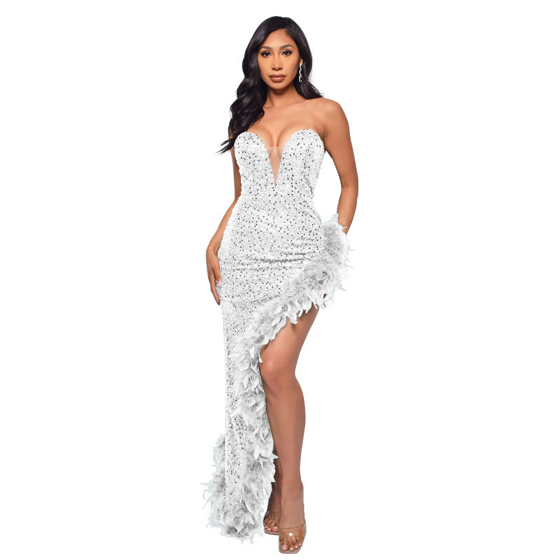 Elegant Feather Sequin Strapless Dress - Deep V High-Low Evening Gown