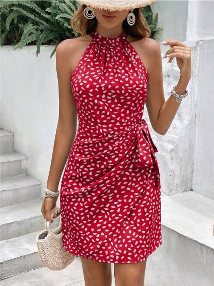 Chic Polka Dot Pleated Halter Neck Dress - Summer Collection