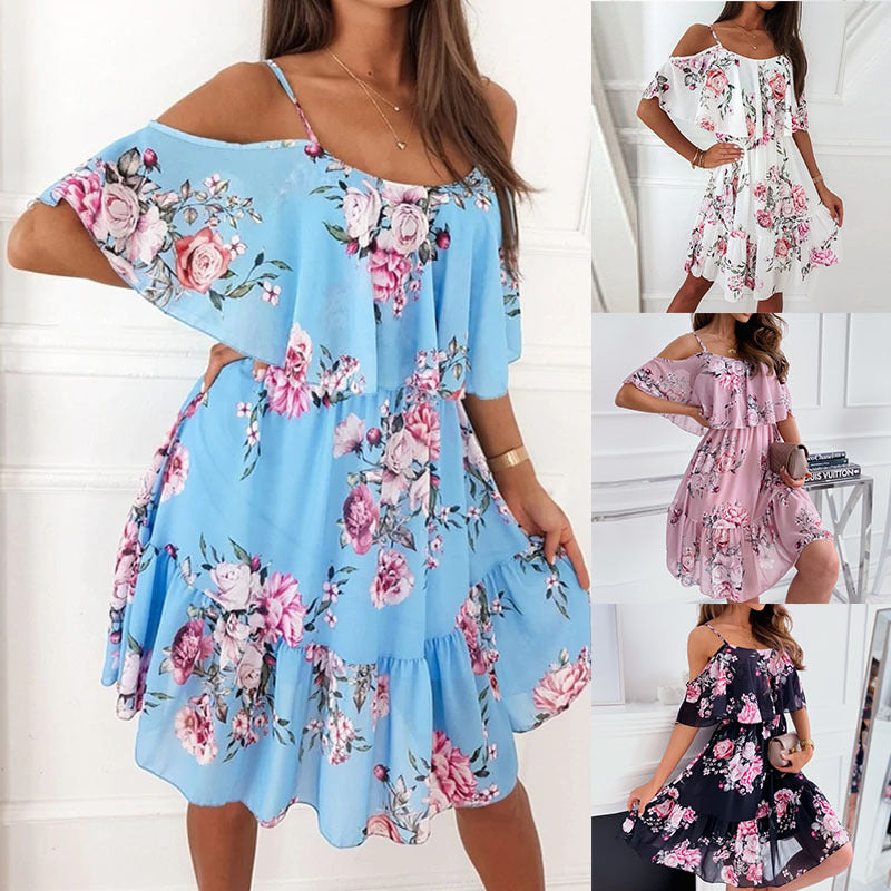 Elegant Chiffon Off-the-Shoulder Floral Dress - Summer Collection