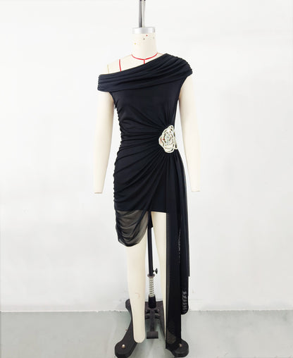 Elegant Black One-Shoulder Flower Diamond Dress  Perfect for Spring/Summer Parties