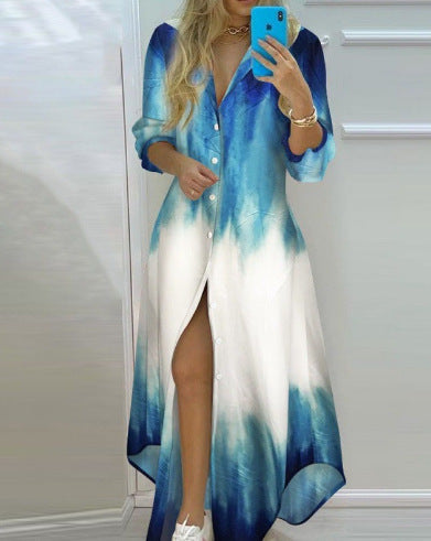 Summer Chic Womens Long Chiffon Shirt Dress  Printed Maxi Dress with High Waist and Fly Sleeve