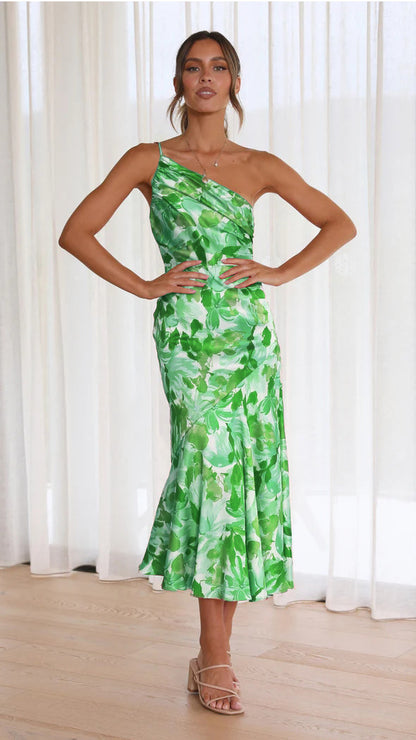 Elegant One-Shoulder Fishtail Floral Dress - Spring Collection