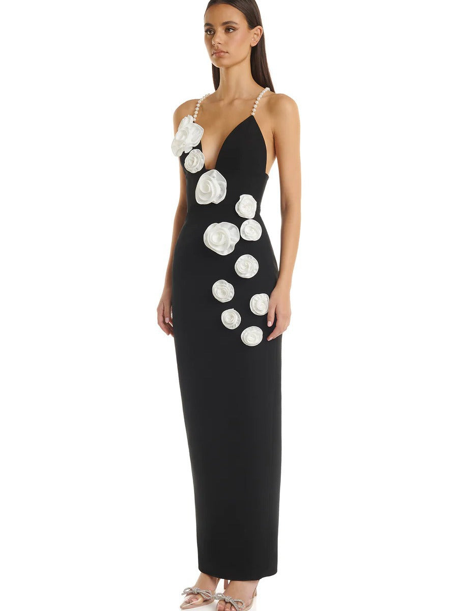 Elegant Black Pearl Strap Dress with 3D Floral Design  Perfect for Parties and Evening Events