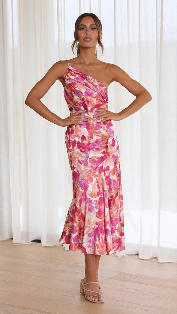 Elegant One-Shoulder Fishtail Floral Dress - Spring Collection