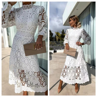 Elegant Lace Stand-Up Collar Dress - Puff Sleeves, Waist Cinched Long Skirt