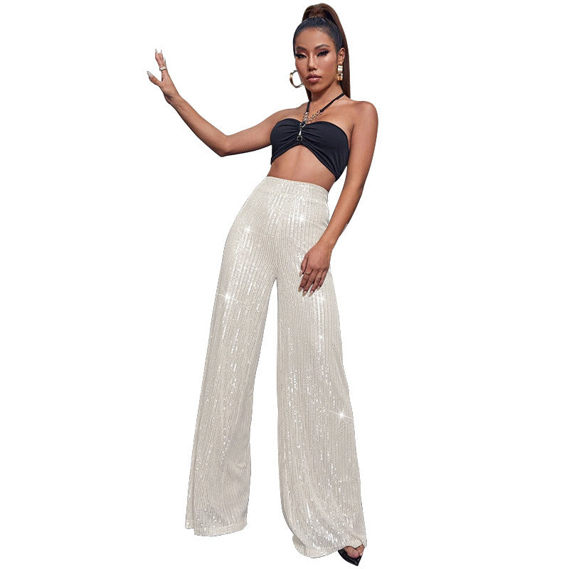 High-Waisted Sequin Wide-Leg Pants - Fashionable Loose Drape Summer Trousers