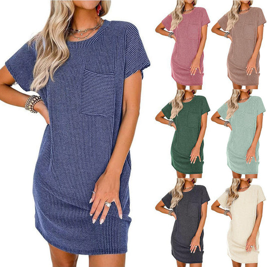 Summer Casual Women's Short-Sleeved Pocket Dress with Contrasting Twisted Stripes