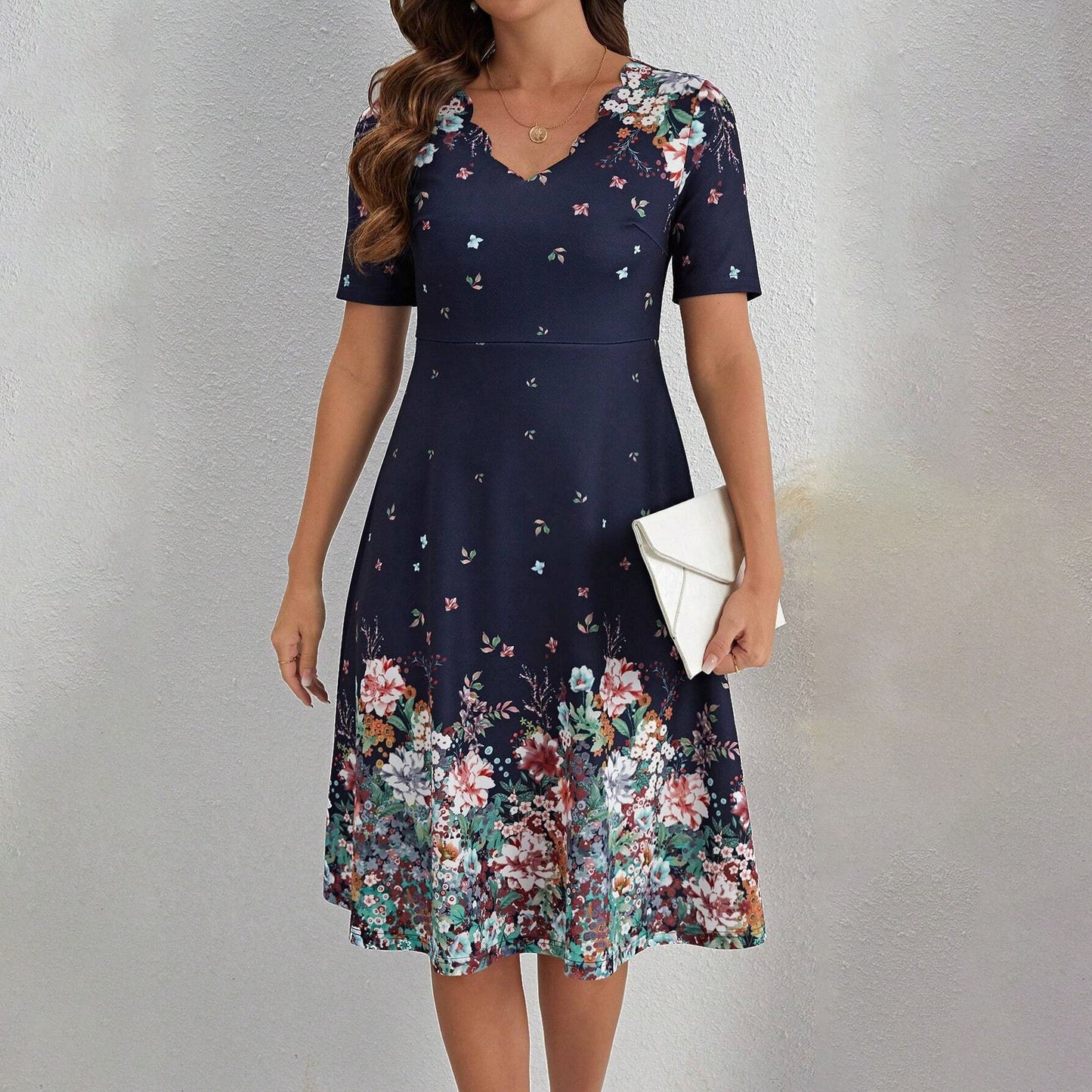 Elegant Floral Print V-Neck Short Sleeve Dress - Spring Collection